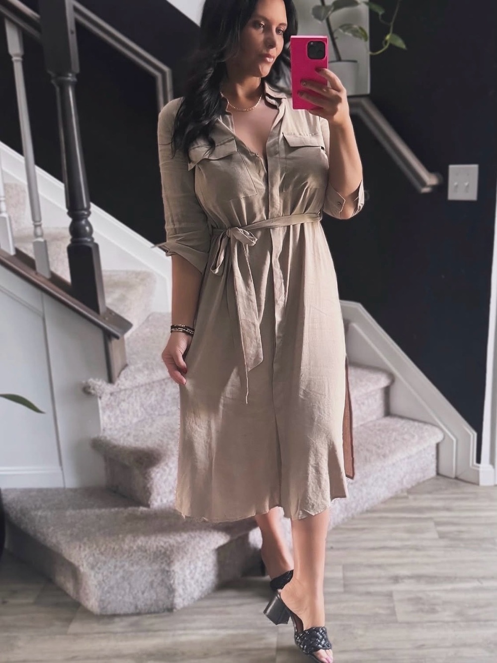 Wildflowers Beige Tie-Waist Midi Shirt Dress